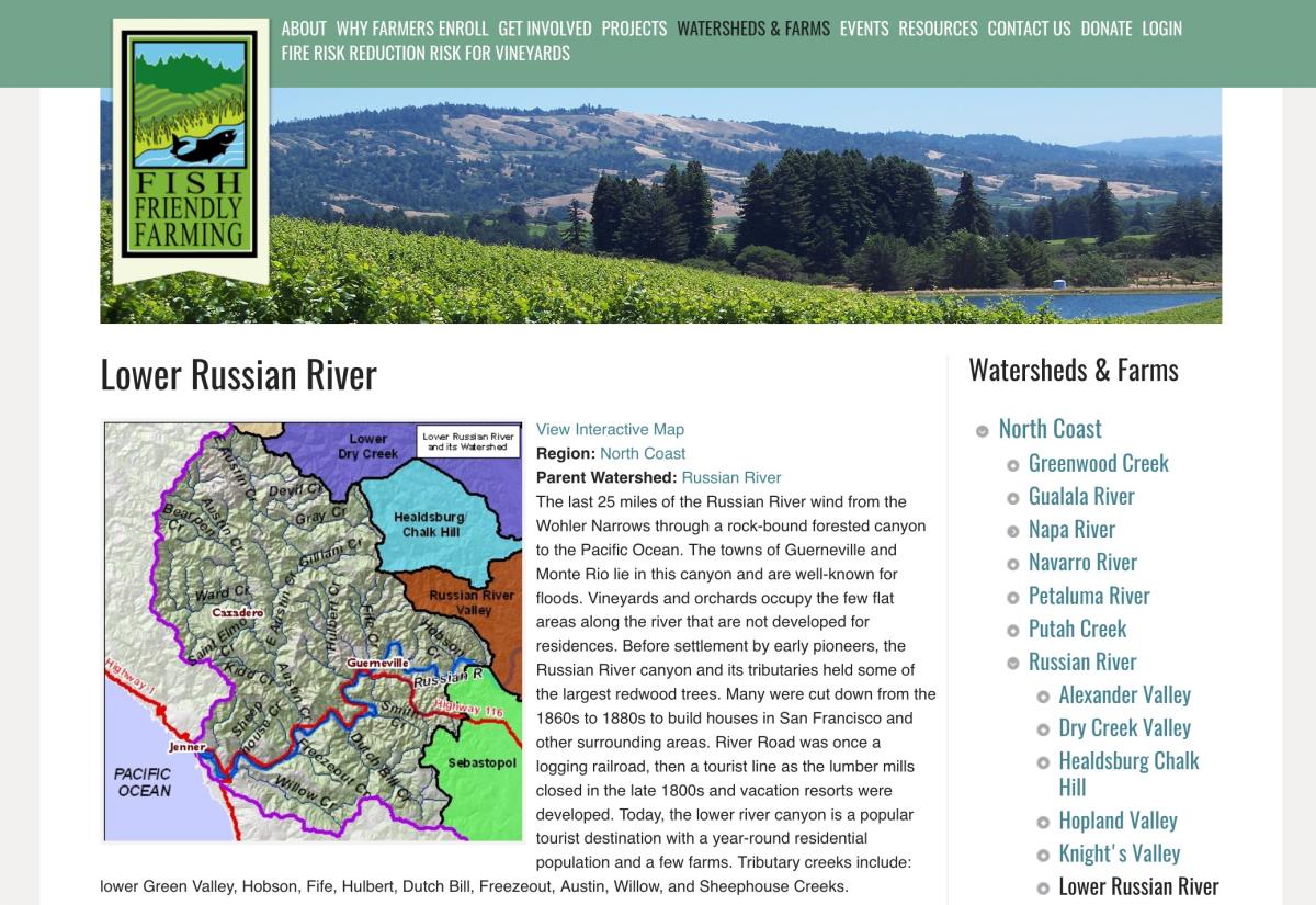 Screenshot of Fish Friendly Farming website's Lower Russian River page