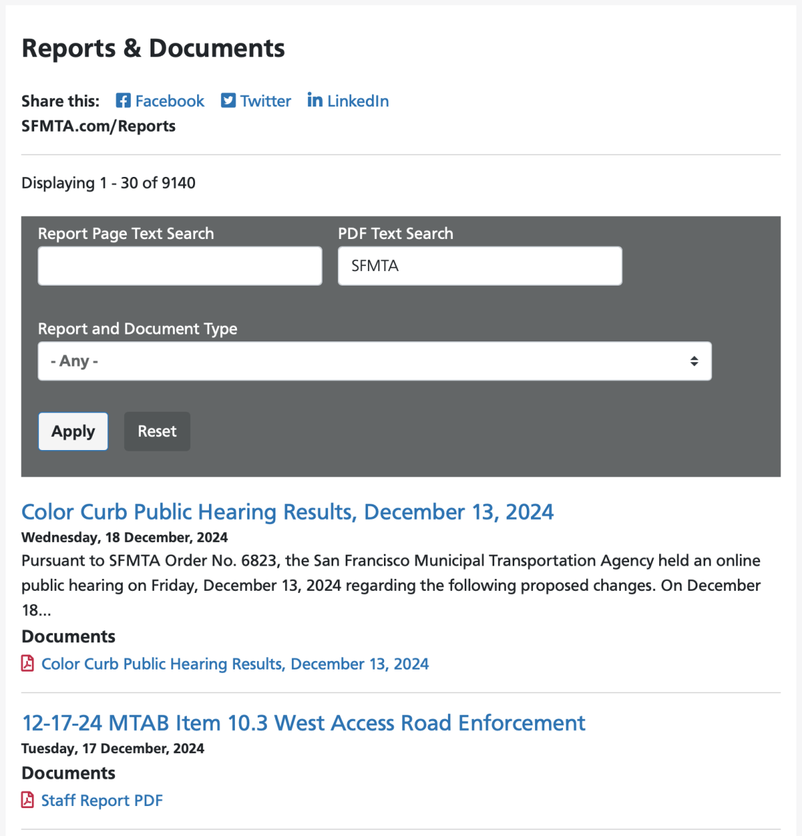 SFMTA reports and documents screenshot