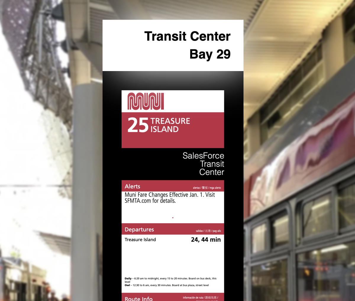 Mocked-up image of a transit pylon showing route info and live arrivals