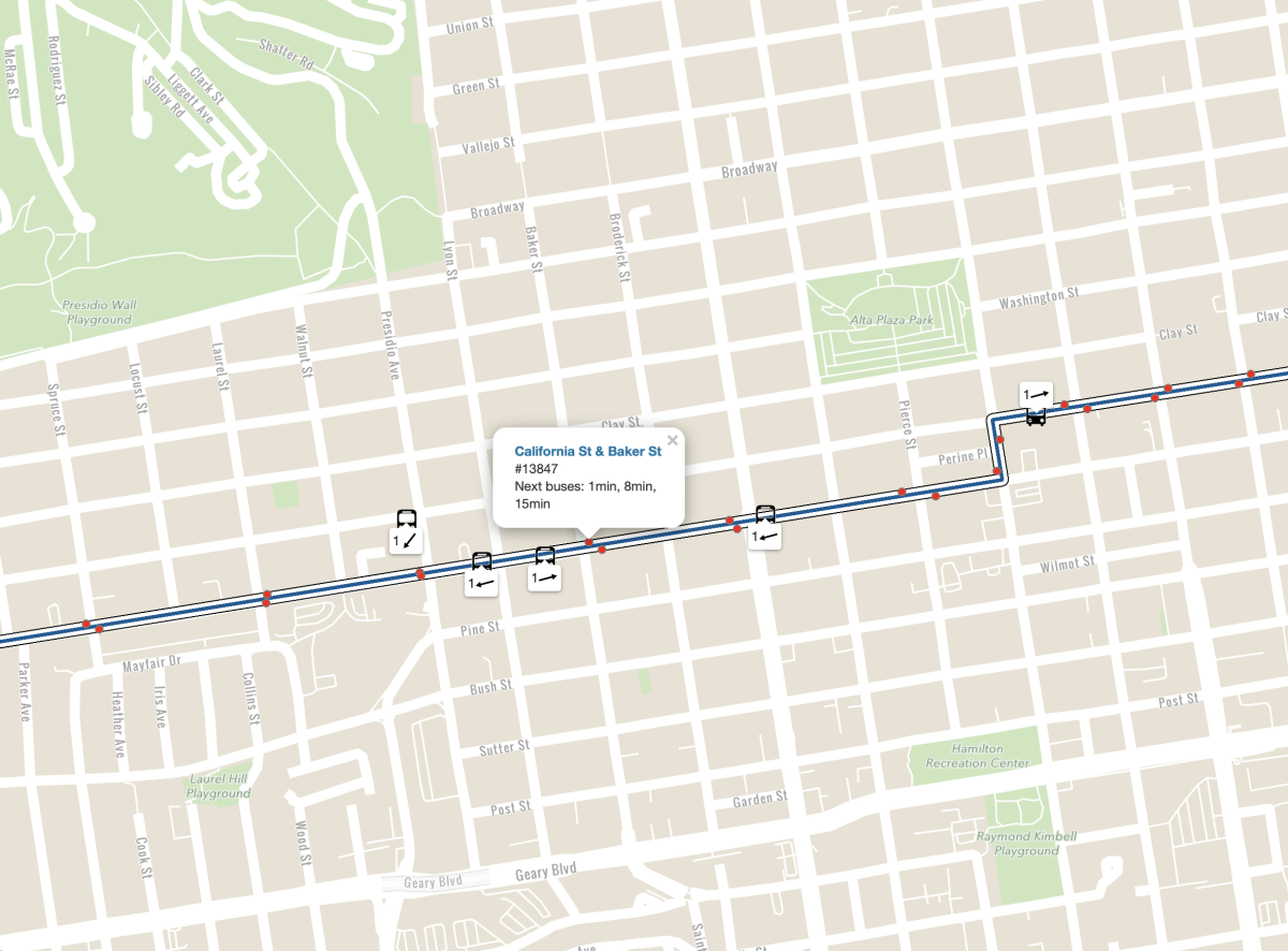 Screenshot of Transit Map showing bus positions and real-time data