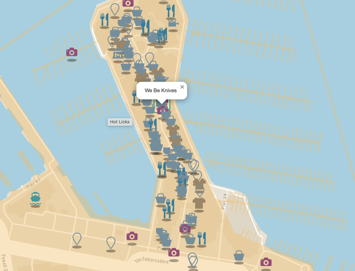 Map showing a number of OpenStreetMap nodes at Pier 39 in San Francisco