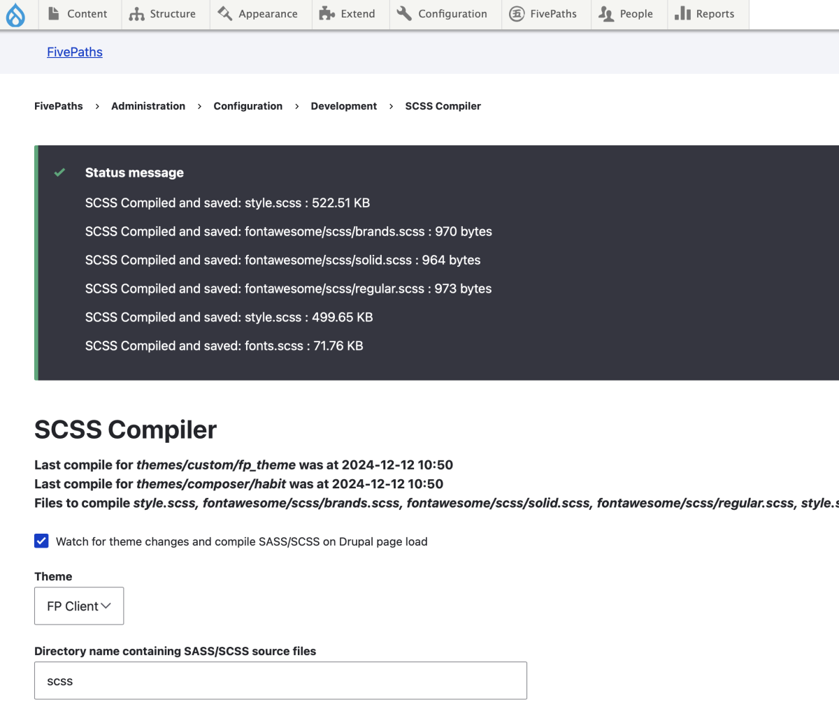 Screenshot of SCSS compiler on Drupal website