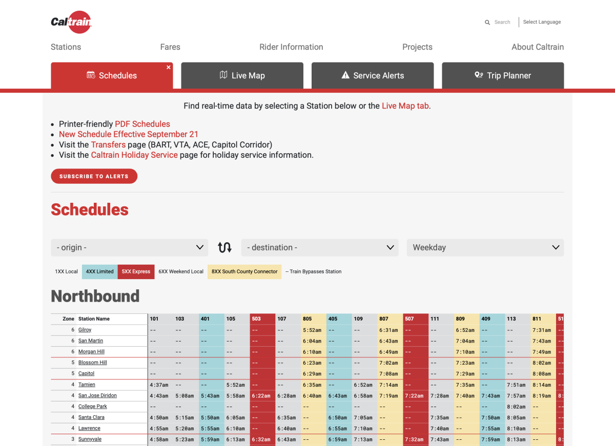 Screenshot of Caltrain homepage with train schedules