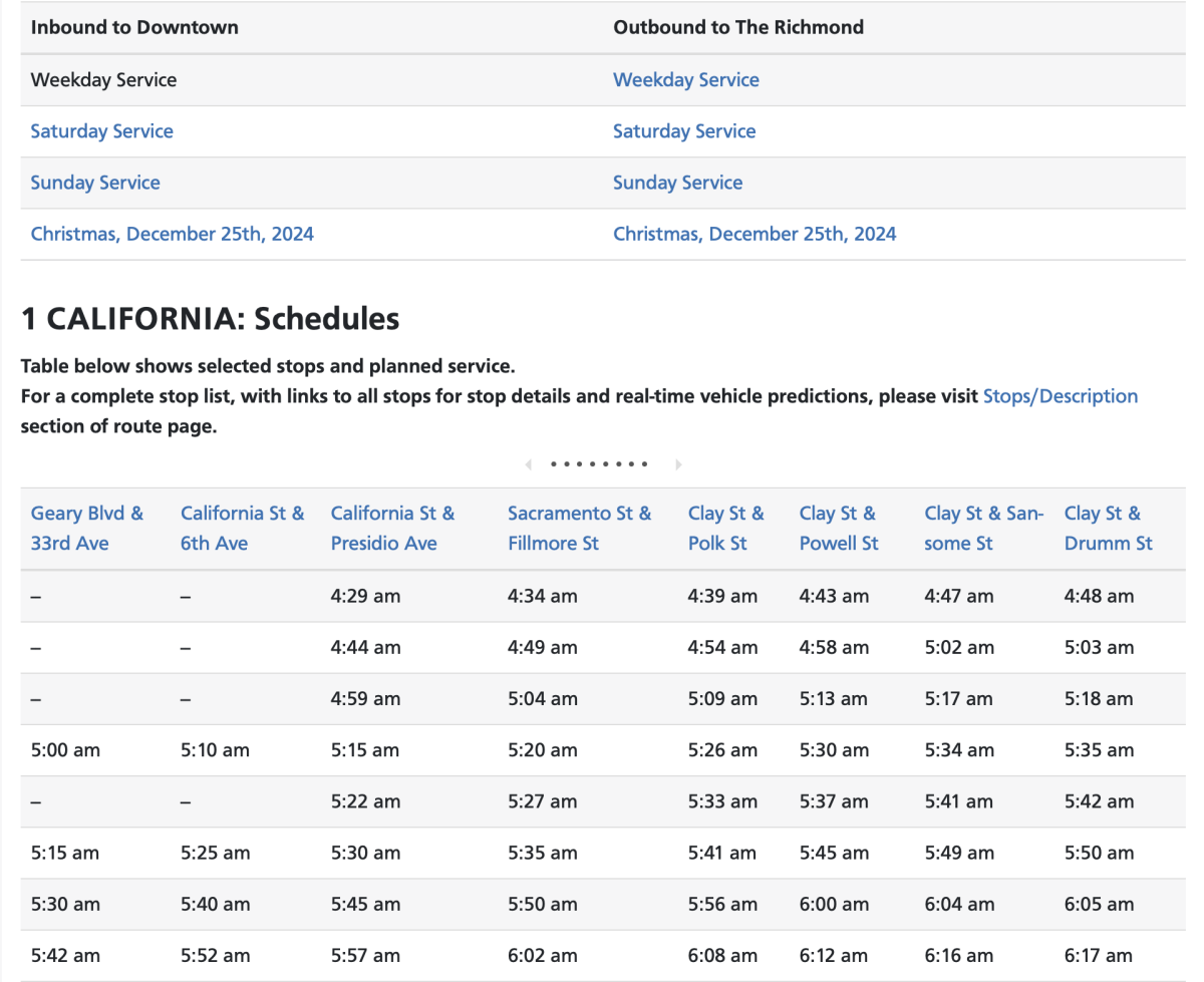 Screenshot of bus schedule