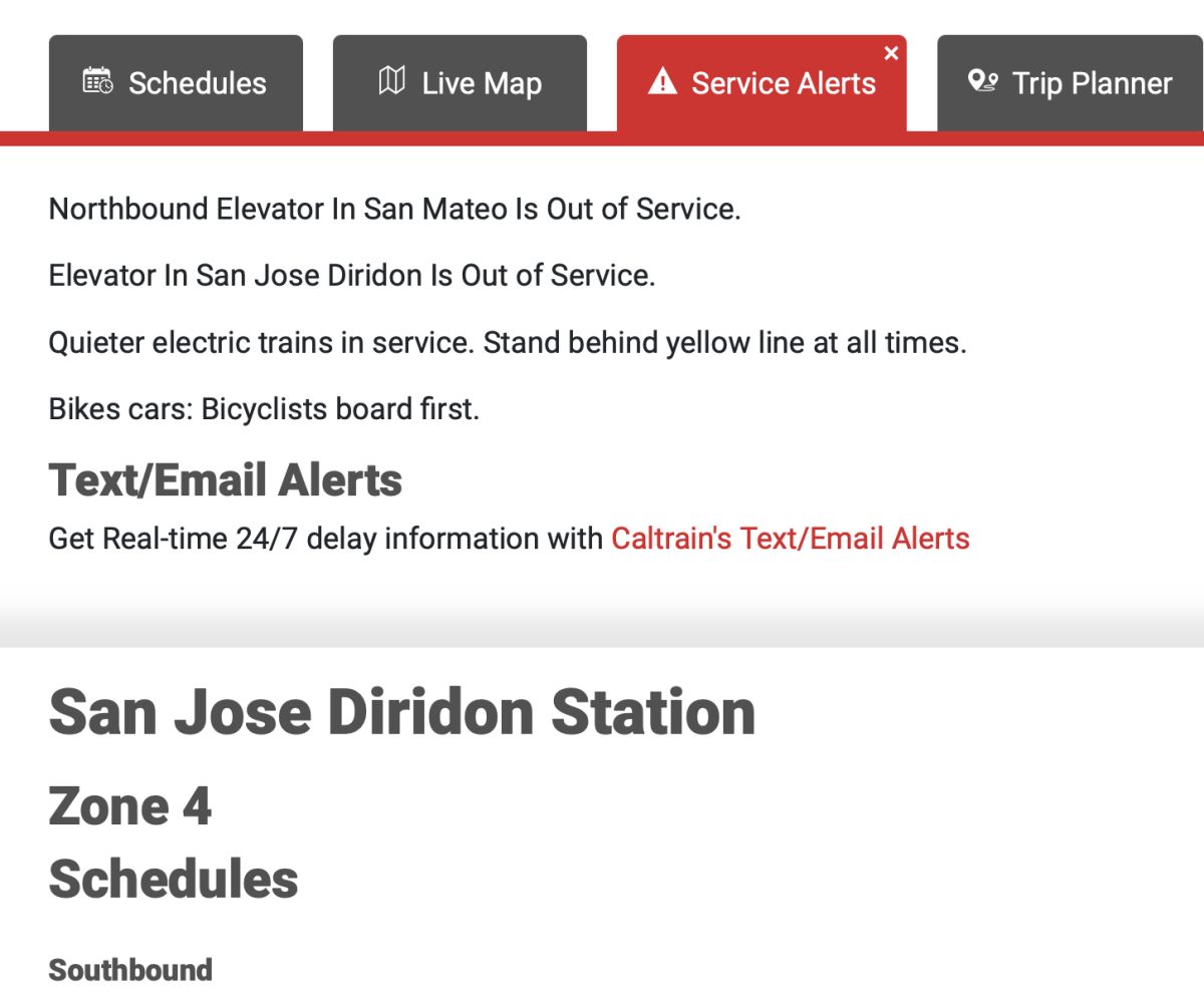 Screenshot of website showing transit service alerts