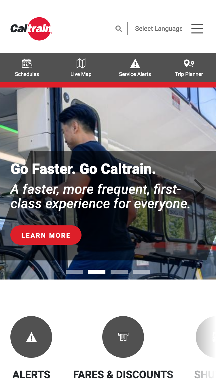 Caltrain homepage on desktop