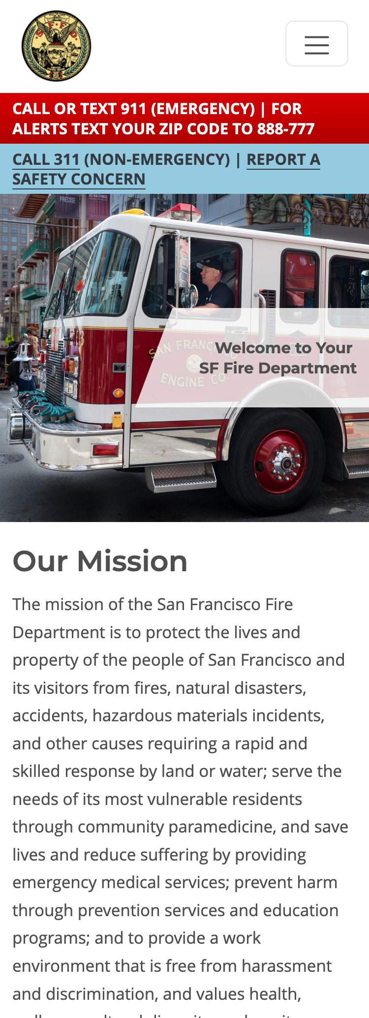 Screenshot of sf-fire.org homepage on desktop