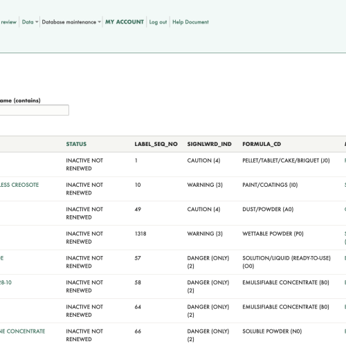 Screenshot of database