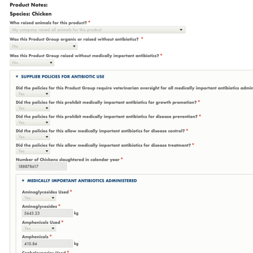 Screenshot of antibiotics reporting form